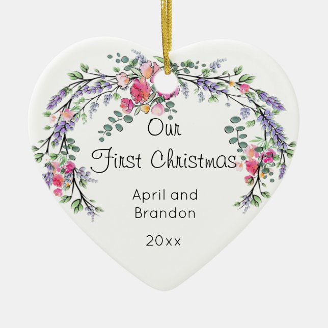 Roses Lavender and Eucalyptus | first Christmas   Ceramic Tree Decoration (Front)