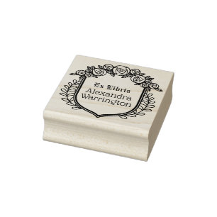 Roses & Leaves Crest Ex Libris Library Book Name Rubber Stamp
