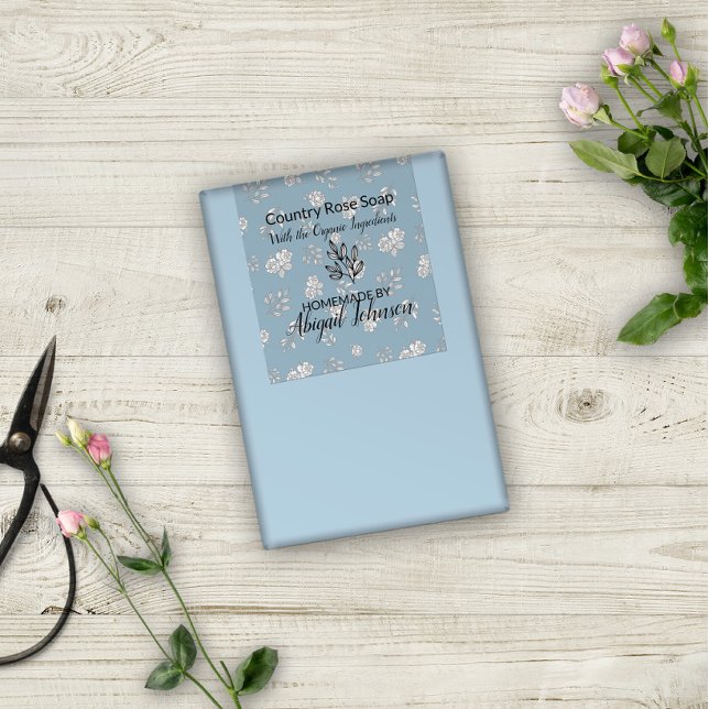 Roses & Leaves Line Art Handmade Blue Soap Label (Creator Uploaded)