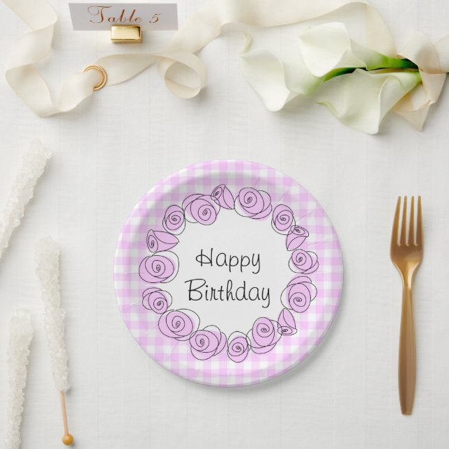 Roses Lilac Circle Check Birthday round  Paper Plate (Wedding)
