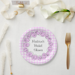 Roses Lilac Circle Check Bridal Shower Paper Plate
