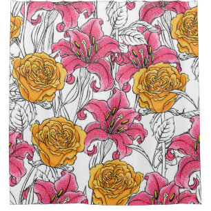 Roses Lilies Hand Drawn Pattern Shower Curtain