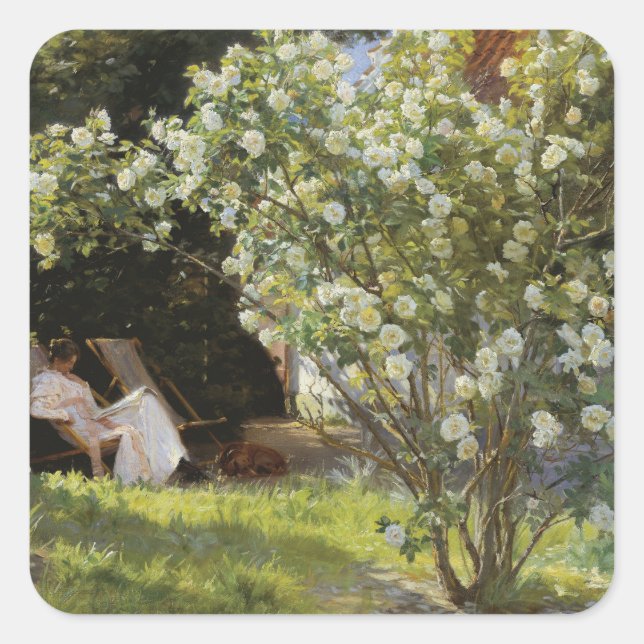 Roses. Marie Krøyer seated in the deckchair Square Sticker (Front)