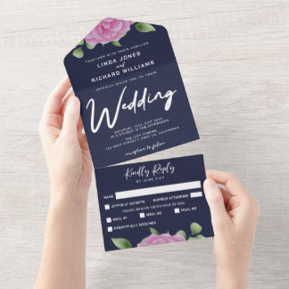 Roses Navy All in One Wedding Invitation