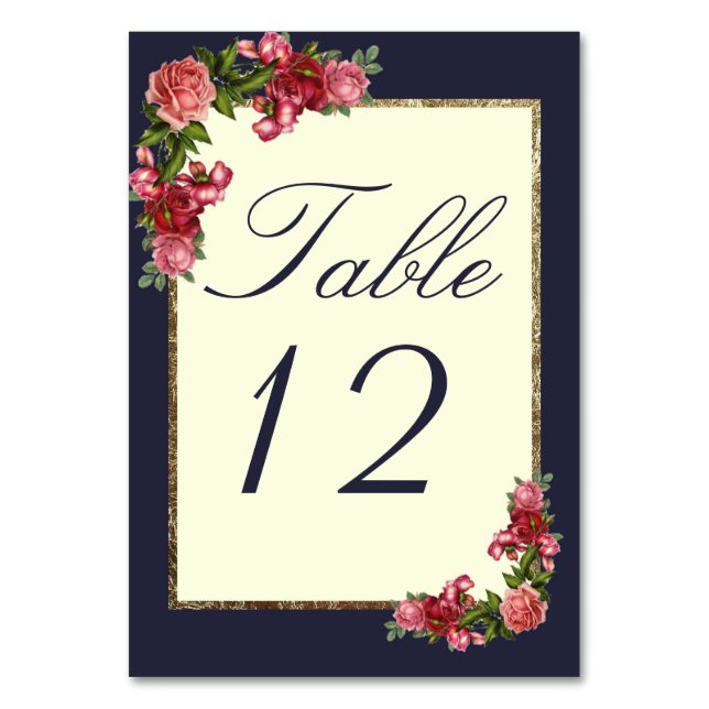Roses Navy Blue Ivory and Gold Table Numbers (Front)