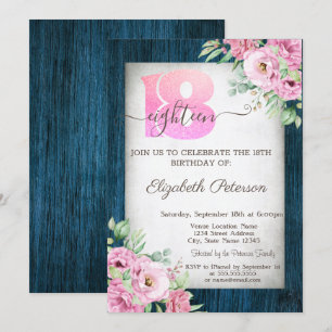 Roses Navy Blue Wood 18th Birthday Invitation