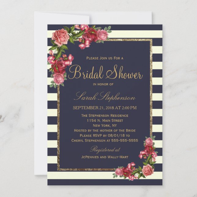Roses Navy Stripes and Gold Bridal Shower Invitation (Front)