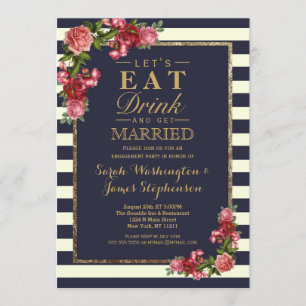 Roses Navy Stripes and Gold Engagement Party Invitation