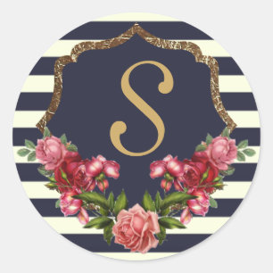 Roses Navy Stripes and Gold Monogram Stickers