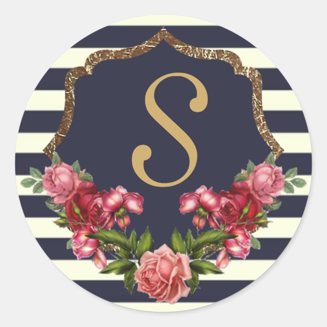 Roses Navy Stripes and Gold Monogram Stickers (Front)