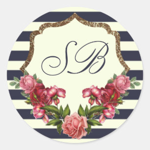 Roses Navy Stripes and Gold Monogram Stickers