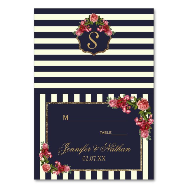 Roses Navy Stripes and Gold Place Cards (Front)