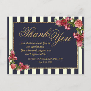 Roses Navy Stripes and Gold Thank You Postcards