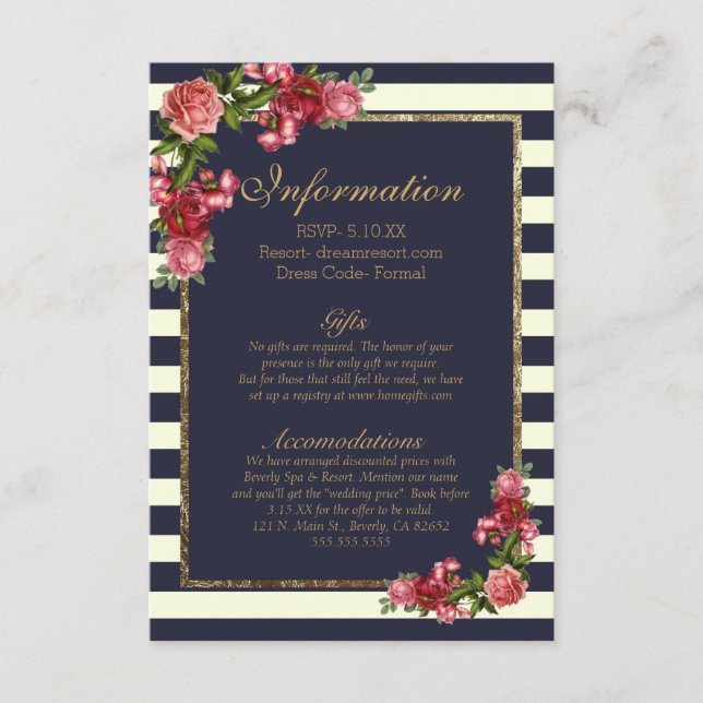 Roses Navy Stripes and Gold Wedding Information Enclosure Card (Front)