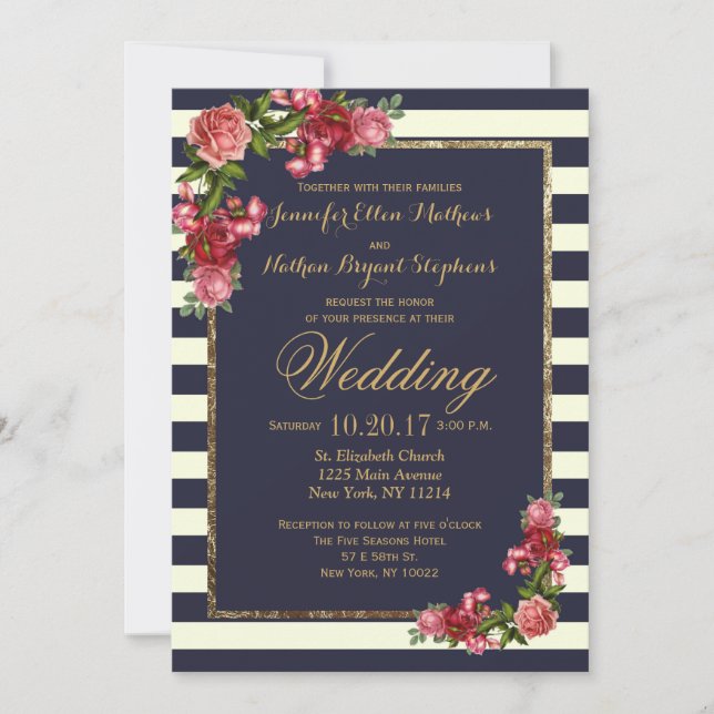 Roses Navy Stripes and Gold Wedding Invitations (Front)