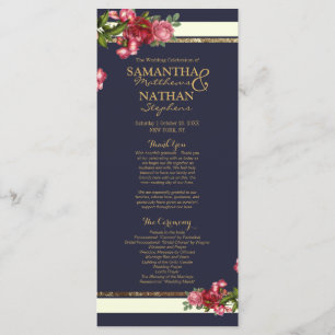 Roses Navy Stripes and Gold Wedding Programs Programme