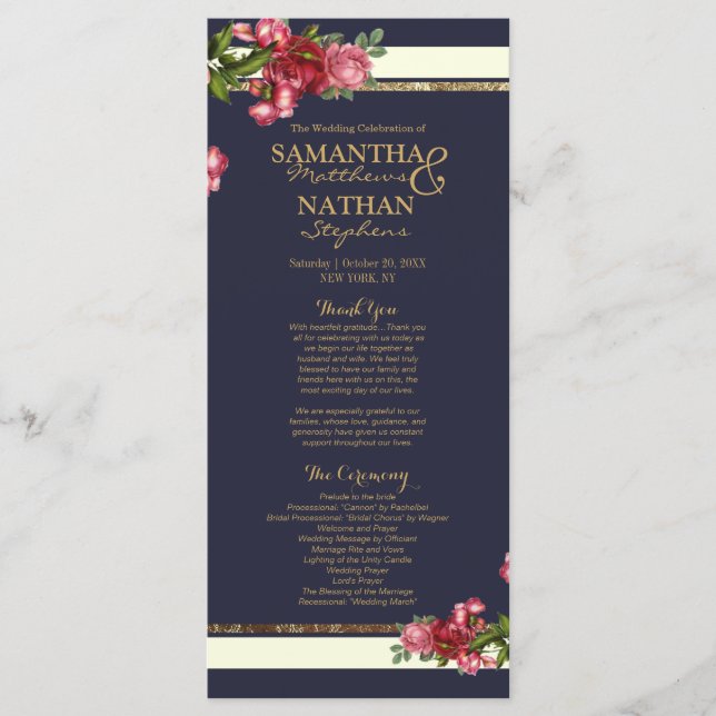 Roses Navy Stripes and Gold Wedding Programs Programme (Front)