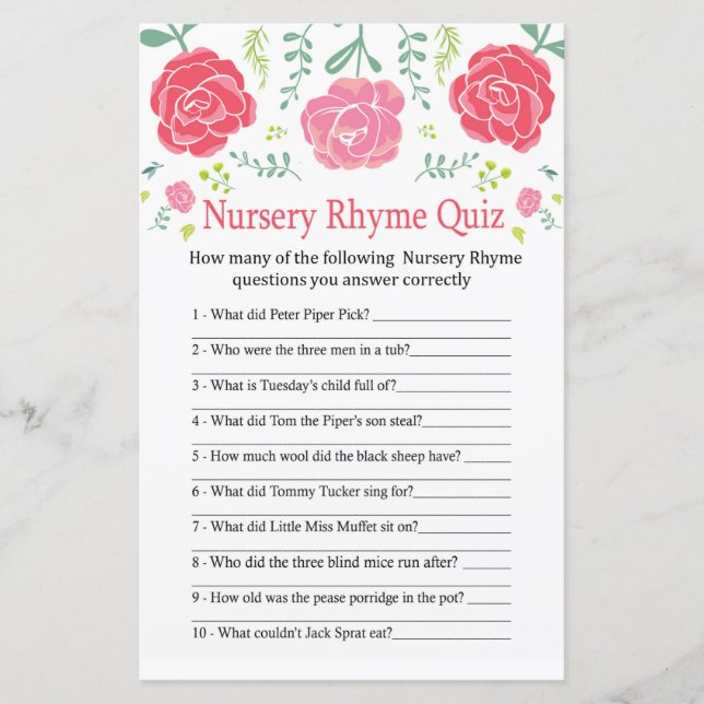 Roses Nursery Rhyme Quiz baby shower game (Front)