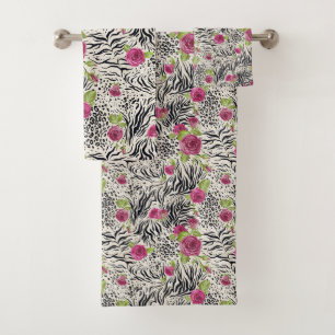 Roses On Animal Pattern Bath Towel Set