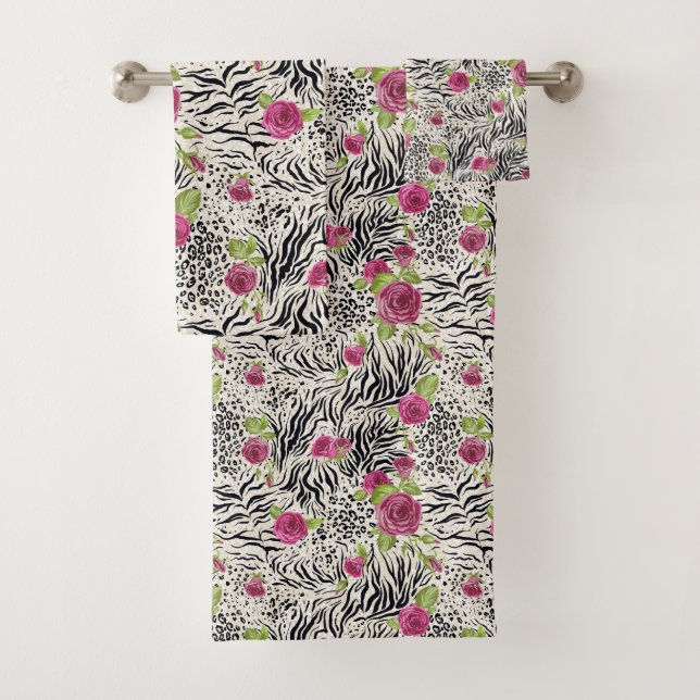 Roses On Animal Pattern Bath Towel Set (Insitu)