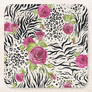 Roses On Animal Pattern Square Paper Coaster