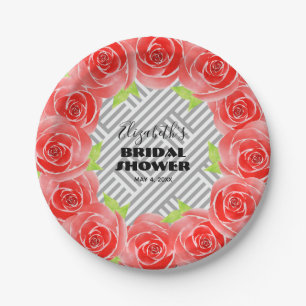 Roses on Black White Stripes Bridal Shower Paper Plate