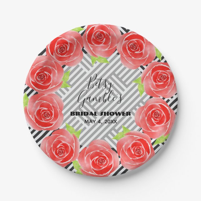 Roses on Black &White Stripes Party Plates (Front)