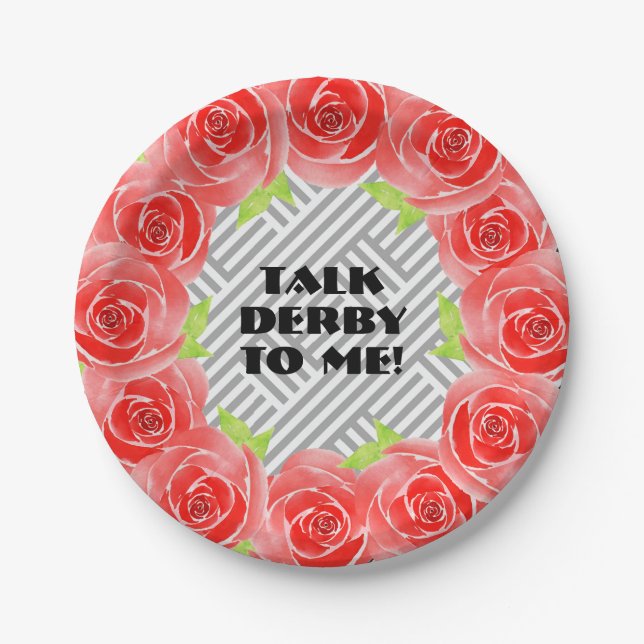 Roses on Black White Stripes Talk Derby to Me Paper Plate (Front)