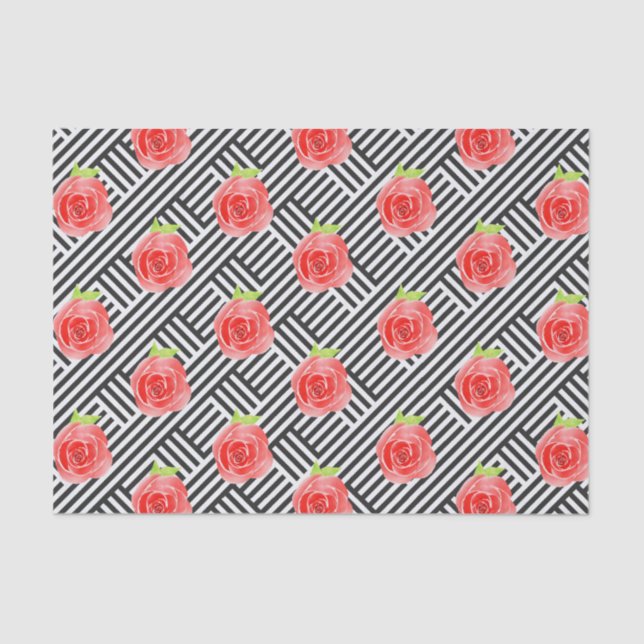 Roses on Black & White Stripes Tissue Paper (Front)