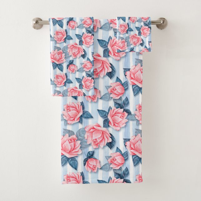 Roses on blue bath towel set (Insitu)