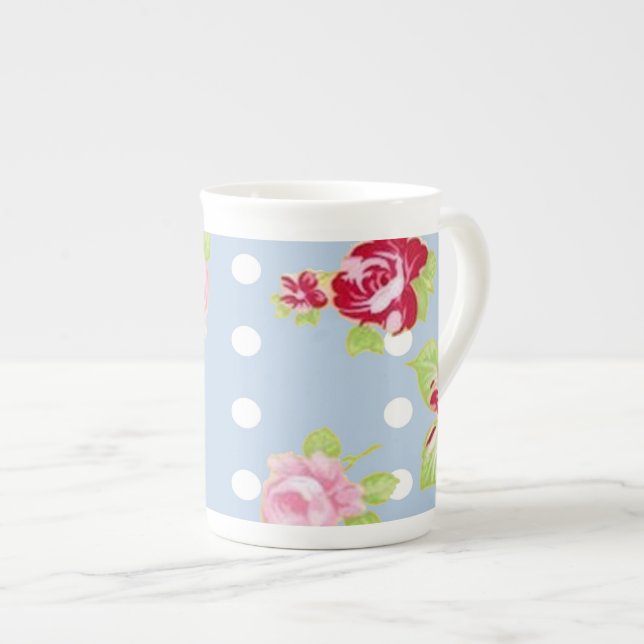 Roses On Blue Bone China Mug (Front Right)