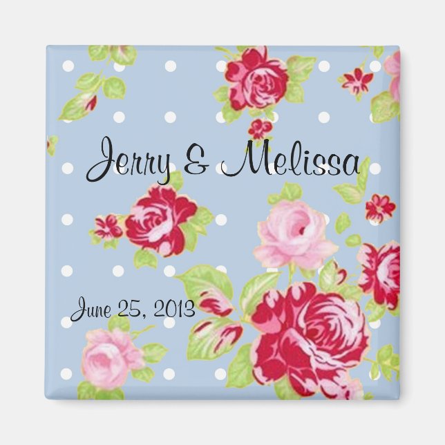 Roses On Blue Wedding Favour Magnet (Front)