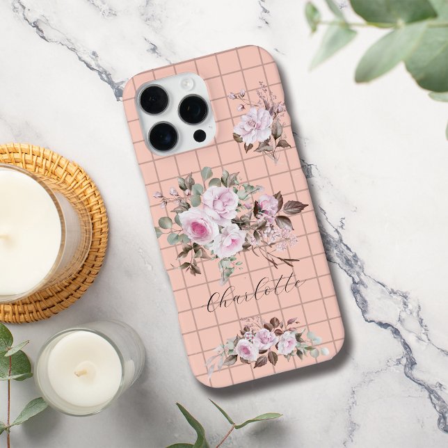Roses on Grids Personalise Name Iphone Case (Creator Uploaded)