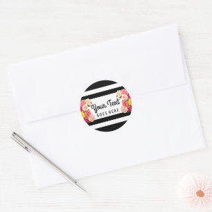 Roses on Modern Black & White Stripes Chic Florist Classic Round Sticker