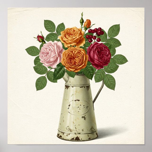 Roses on old milk jug-vintage wall art (Front)