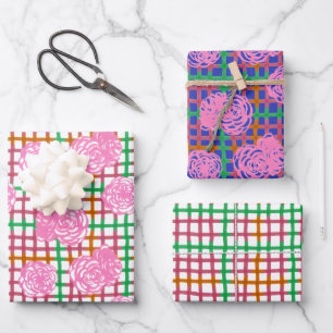 Roses on Plaid Pattern - pink Wrapping Paper Sheet