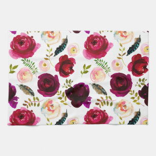 Roses Pattern Floral Flowers Boho Burgundy Tea Towel