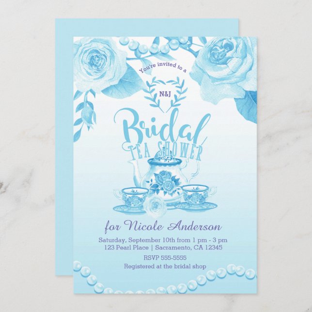 Roses & Pearls Elegant Blue Bridal Tea Shower Invitation (Front/Back)