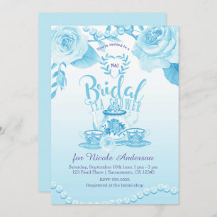 Roses & Pearls Elegant Blue Bridal Tea Shower Invitation