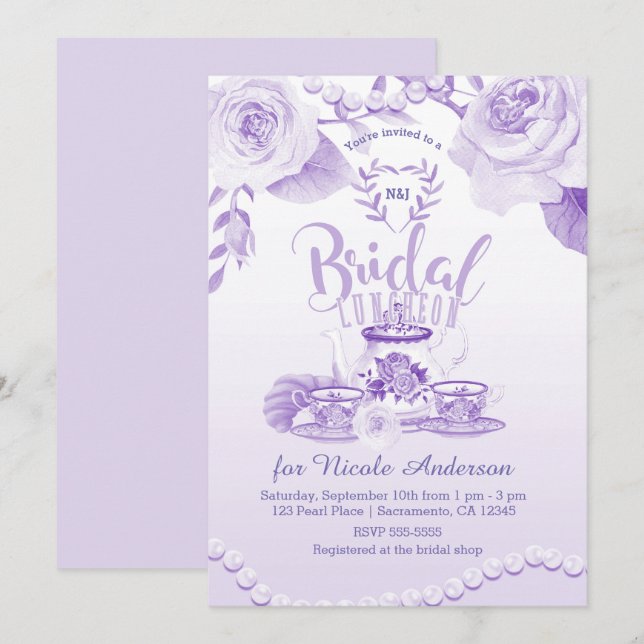 Roses & Pearls Elegant Purple Bridal Luncheon Tea Invitation (Front/Back)