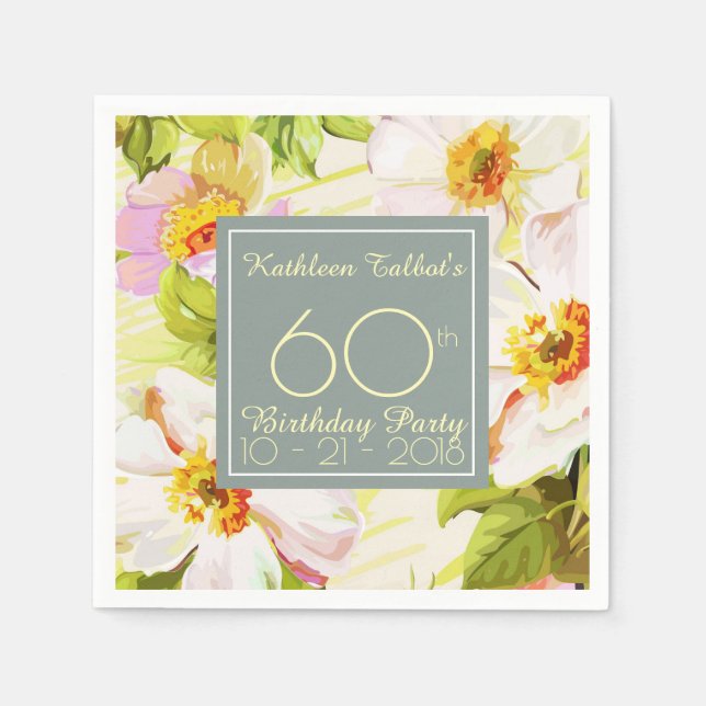 Roses Peonies 60th Birthday Party Paper Napkin (Front)