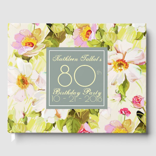 Roses Peonies 80th Birthday Party Guest Book (Front)