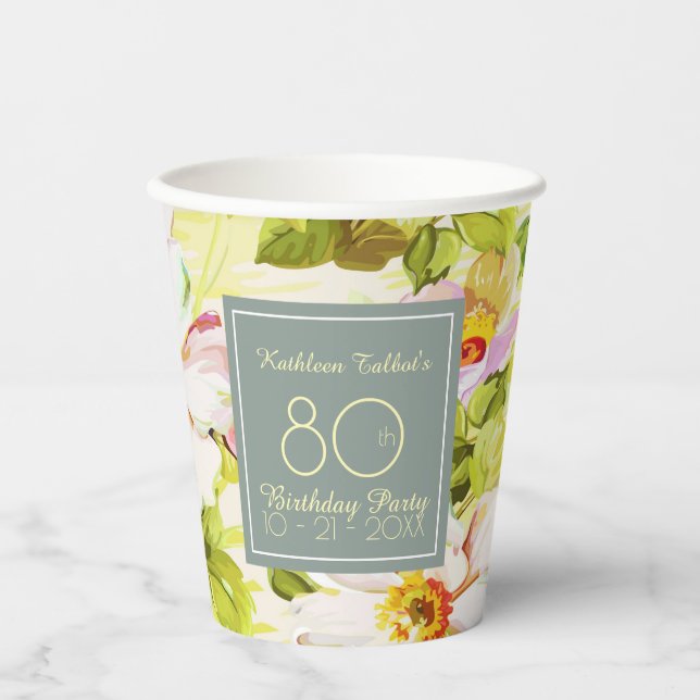 Roses Peonies 80th Birthday Party Paper Cup (Front)