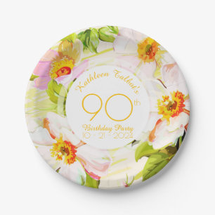Roses Peonies 90th Birthday Party Paper Plate