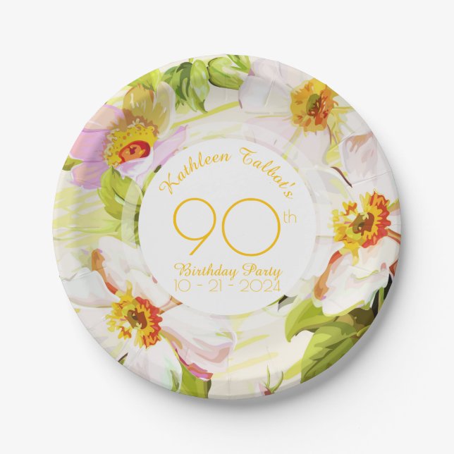 Roses Peonies 90th Birthday Party Paper Plate (Front)
