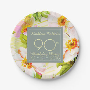 Roses Peonies 90th Birthday Party Paper Plate