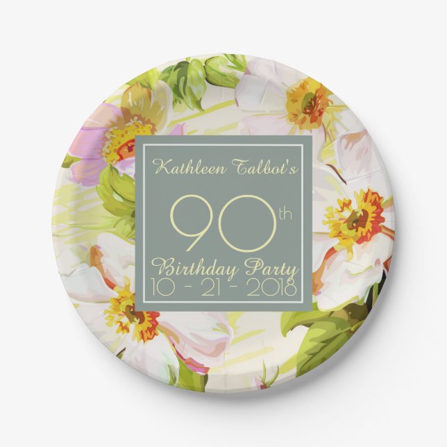 Roses Peonies 90th Birthday Party Paper Plate (Front)