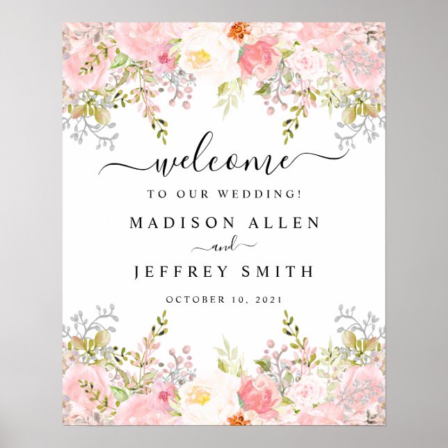 Roses Peony Blush Pink Floral Wedding Welcome Sign (Front)