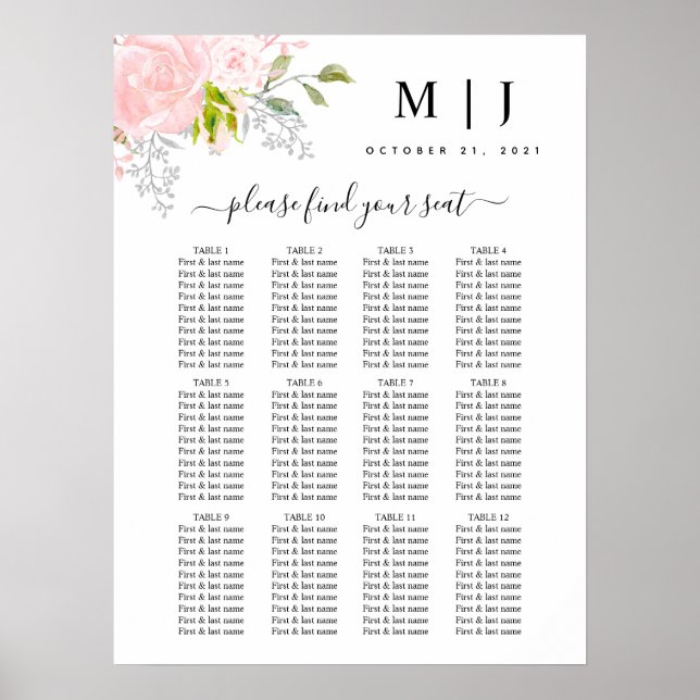 Roses Peony Blush Pink Wedding Seating Chart (Front)