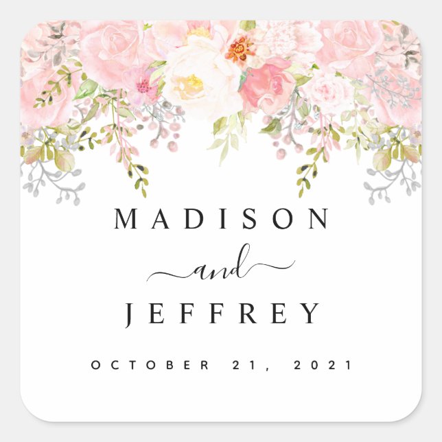 Roses Peony Blush Pink Wedding Square Sticker (Front)